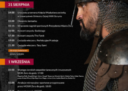 Plakat promujący 21. Jarmark Władysławowski z wizerunkiem rycerza w zbroi oraz programem imprezy, opisanym w tekście