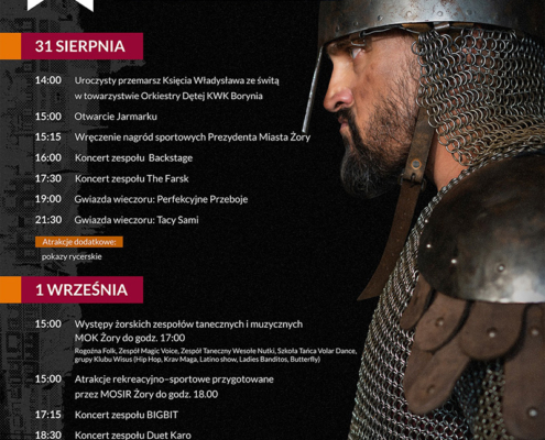 Plakat promujący 21. Jarmark Władysławowski z wizerunkiem rycerza w zbroi oraz programem imprezy, opisanym w tekście