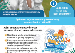 na plakacie informacje o zajęciach samoobrony, na zdjęciu zawodnicy w białych strojach