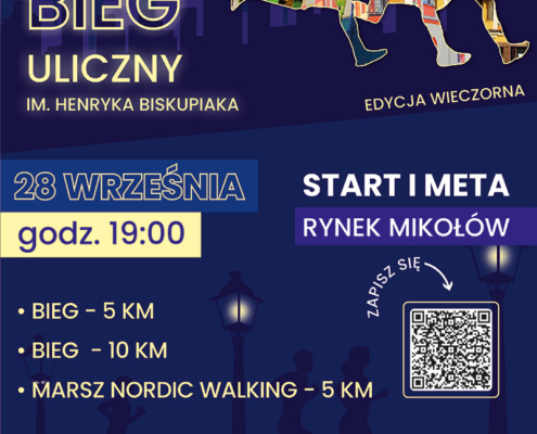 na plakacie informacje o biegu mikołowskim, ilustracja biegaczy i loga