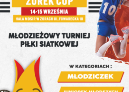 na plakacie ilustracja Żorka z piłką do siatkówki, zdjęcie zawodnika i informacje o turnieju siatkówki