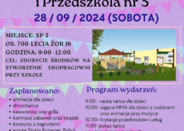 na plakacie na fioletowym tle informacje o pikniku, zdjęcie szkoły i na dole logo