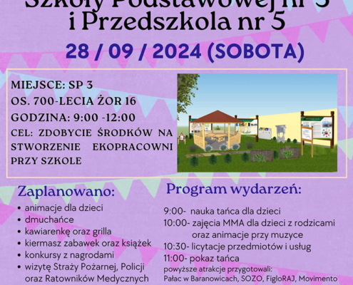 na plakacie na fioletowym tle informacje o pikniku, zdjęcie szkoły i na dole logo