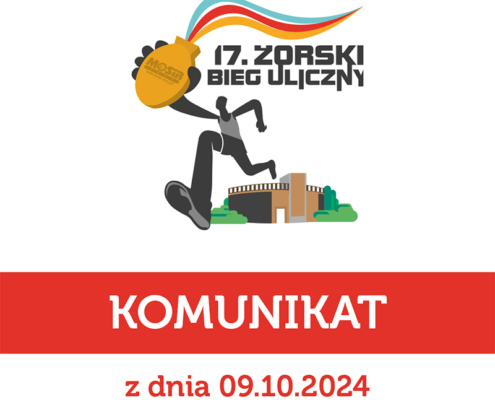 na grafice informacja o komunikacie i logo biegu na białym tle