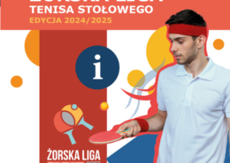 na grafice zdjęcie zawodnika z rakietką, logo ligowe i napis żorska liga tenisa stołowego