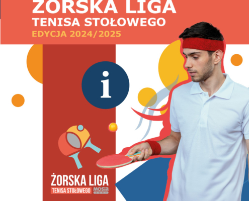 na grafice zdjęcie zawodnika z rakietką, logo ligowe i napis żorska liga tenisa stołowego