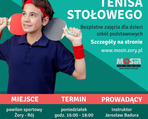 na plakacie na zielonym tle informacje o szkółce tenisa stołowego, zdjęcie zawodnika z rakietkami i logo