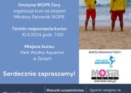 na plakacie informacje o kursie na ratownika wodnego, z boku zdjęcie dwóch ratowników nad wodą i logo