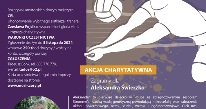 na plakacie informacje o turnieju siatkówki, ilustracja zawodnika odbijającego piłkę, na dole logo