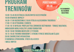 na plakacie informacje o dniu treningu i zdrowego odżywiania, zdjęcie hantelek i przyrządów sportowych