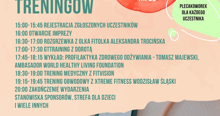 na plakacie informacje o dniu treningu i zdrowego odżywiania, zdjęcie hantelek i przyrządów sportowych