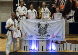 na zdjęciach zawody karate w hali sportowej, wręczenie nagród i zawodnicy na podium