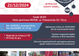 na plakacie informacje o turnieju tenisa stołowego, zdjęcia z poprzedniej edycji i logo