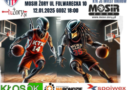 Plakat przedstawia mecz koszykówki MUKS Sari Żory vs. KTK JS Invest Knurów, stylizowany na pojedynek Predatora z Obcym. Podano datę, miejsce wydarzenia oraz loga sponsorów.