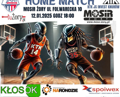 Plakat przedstawia mecz koszykówki MUKS Sari Żory vs. KTK JS Invest Knurów, stylizowany na pojedynek Predatora z Obcym. Podano datę, miejsce wydarzenia oraz loga sponsorów.