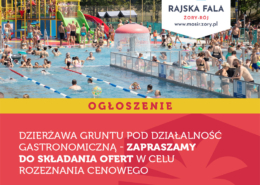 Na grafice znajduje się ogłoszenie dotyczące dzierżawy gruntu pod działalność gastronomiczną na terenie kąpieliska Rajska Fala w Żorach na sezony 2025-2027, wraz ze zdjęciem basenu pełnego ludzi.