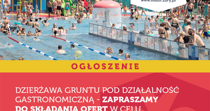 Na grafice znajduje się ogłoszenie dotyczące dzierżawy gruntu pod działalność gastronomiczną na terenie kąpieliska Rajska Fala w Żorach na sezony 2025-2027, wraz ze zdjęciem basenu pełnego ludzi.