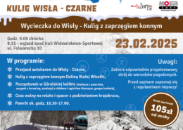 Plakat promuje zimową wycieczkę kuligową do Wisły (Czarne) organizowaną przez MOSiR Żory 23 lutego 2025 roku, z programem obejmującym przejazd zaprzęgiem konnym, poczęstunek w góralskiej kolibie i czas na relaks.