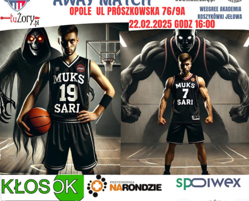 plakat ukazuje dwóch koszykarzy w dynamicznej, mrocznej scenerii, z fantastycznymi postaciami w tle