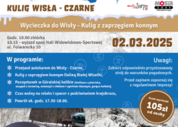 Plakat promuje kulig w Wiśle-Czarnem organizowany przez MOSiR Żory, obejmujący przejazd autokarem, kulig z zaprzęgiem konnym, poczęstunek w góralskiej kolibie oraz czas na relaks i podziwianie krajobrazów.