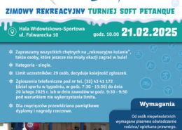 Plakat promuje Zimowy Rekreacyjny Turniej Soft Petanque w ramach „Akcji Zima 2025” organizowanej przez MOSiR Żory, zawiera datę, miejsce, zasady uczestnictwa, limit miejsc, sposób zgłoszenia, nagrody oraz wymagania dla uczestników, a całość utrzymana jest w zimowej, sportowej stylistyce z niebiesko-białą kolorystyką i zdjęciem z poprzednich rozgrywek.