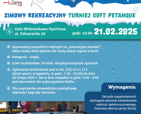 Plakat promuje Zimowy Rekreacyjny Turniej Soft Petanque w ramach „Akcji Zima 2025” organizowanej przez MOSiR Żory, zawiera datę, miejsce, zasady uczestnictwa, limit miejsc, sposób zgłoszenia, nagrody oraz wymagania dla uczestników, a całość utrzymana jest w zimowej, sportowej stylistyce z niebiesko-białą kolorystyką i zdjęciem z poprzednich rozgrywek.