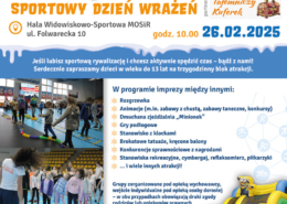 plakat promuje sportowe wydarzenie dla dzieci z atrakcjami, takimi jak dmuchane zjeżdżalnie, gry i animacje, w hali sportowej.