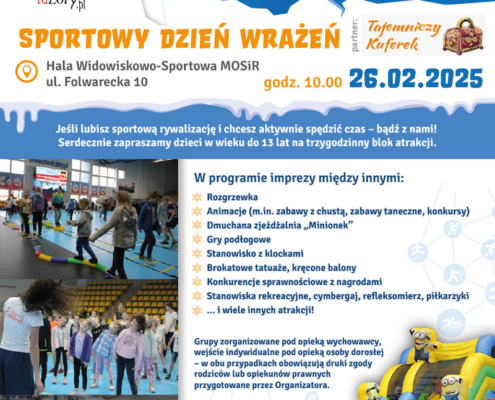 plakat promuje sportowe wydarzenie dla dzieci z atrakcjami, takimi jak dmuchane zjeżdżalnie, gry i animacje, w hali sportowej.