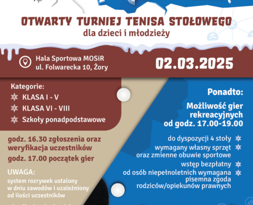 Plakat promuje zimowy turniej tenisa stołowego dla dzieci i młodzieży, utrzymany w zimowej stylistyce z motywami śniegu, lodu i sportu.