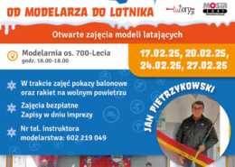 Plakat przedstawia zimową grafikę z niebieskim tłem, zdjęcie instruktora trzymającego model samolotu, grupę dzieci z modelami szybowców w hali sportowej oraz informacje o wydarzeniu.