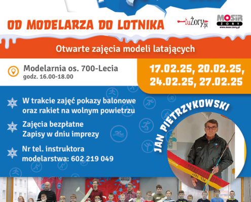 Plakat przedstawia zimową grafikę z niebieskim tłem, zdjęcie instruktora trzymającego model samolotu, grupę dzieci z modelami szybowców w hali sportowej oraz informacje o wydarzeniu.