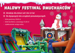 Plakat reklamuje halowy festiwal dmuchańców dla dzieci “Akcja Zima 2025” organizowany 15 lutego w Żorach, na którym będą dostępne kolorowe zamki i zjeżdżalnie dmuchane, a bilet godzinny kosztuje 30 zł.