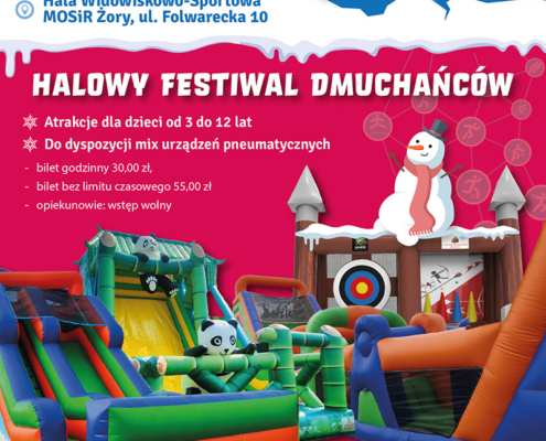 Plakat reklamuje halowy festiwal dmuchańców dla dzieci “Akcja Zima 2025” organizowany 15 lutego w Żorach, na którym będą dostępne kolorowe zamki i zjeżdżalnie dmuchane, a bilet godzinny kosztuje 30 zł.