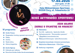 Plakat promuje darmowe wydarzenie sportowe “Akcja Zima 2025” w Żorach, zawierające zajęcia fitness, strefę zabaw dla dzieci, konsultacje z trenerem oraz konkursy.