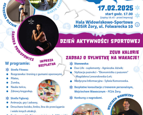 Plakat promuje darmowe wydarzenie sportowe “Akcja Zima 2025” w Żorach, zawierające zajęcia fitness, strefę zabaw dla dzieci, konsultacje z trenerem oraz konkursy.