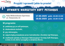 plakat promuje otwarte warsztaty soft petanque w ramach „Akcji Zima 2025” organizowane przez MOSiR Żory, zawiera daty i miejsce wydarzenia, program zajęć, zdjęcia z gry oraz zimową grafikę z niebiesko-białą kolorystyką i sportowymi ikonami.