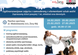 Plakat przedstawia zimową akcję sportową z samoobroną i sztukami walki, ma niebiesko-białą kolorystykę, śnieżne motywy oraz zdjęcia trenujących osób w dynamicznych pozach.