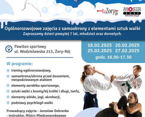 Plakat przedstawia zimową akcję sportową z samoobroną i sztukami walki, ma niebiesko-białą kolorystykę, śnieżne motywy oraz zdjęcia trenujących osób w dynamicznych pozach.