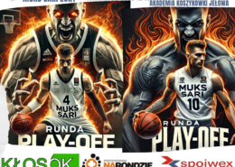 Plakat promujący mecz play-off koszykówki pomiędzy MUKS Sari Żory a Akademią Koszykówki Jełowa, który odbędzie się 16 lutego 2025 o godzinie 12:15 w hali MOSiR Żory (ul. Folwarecka 10); na plakacie dynamiczne grafiki zawodników w strojach MUKS Sari Żory na tle ognistych i mrocznych postaci, a na dole widoczne logotypy sponsorów.