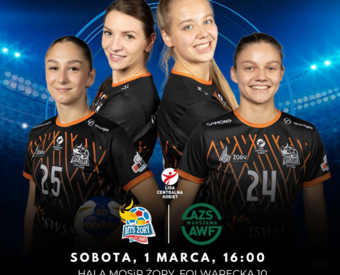 Plakat przedstawia cztery siatkarki MTS Żory na dynamicznym, niebieskim tle ze stadionowymi światłami, promując mecz z AZS Warszawa AWF.