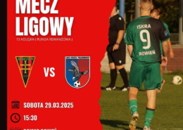 Na grafice widać zapowiedź meczu piłkarskiego między drużynami Iskra Rówień i LKS Orzeł Palowice.