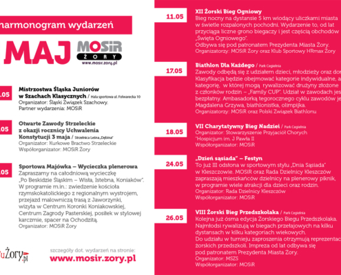 na biało-czerwonej grafice opisy majowych wydarzeń sportowych, na dole logo