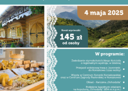na plakacie widać zdjęcia przedstawiające ludzi w tradycyjnych strojach, górskie krajobrazy oraz regionalne wyroby, zapowiadające wycieczkę po Beskidzie Śląskim