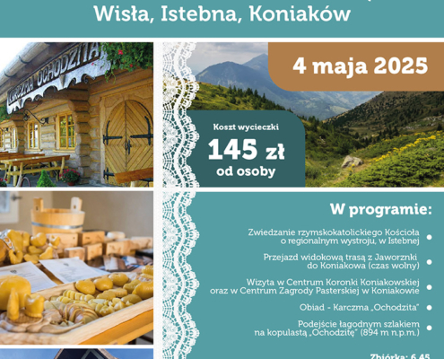 na plakacie widać zdjęcia przedstawiające ludzi w tradycyjnych strojach, górskie krajobrazy oraz regionalne wyroby, zapowiadające wycieczkę po Beskidzie Śląskim