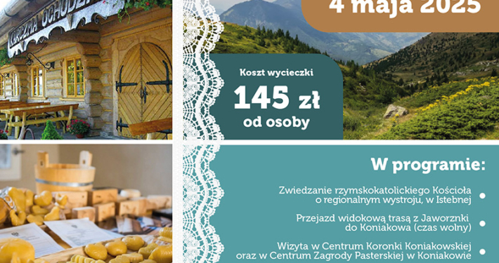 na plakacie widać zdjęcia przedstawiające ludzi w tradycyjnych strojach, górskie krajobrazy oraz regionalne wyroby, zapowiadające wycieczkę po Beskidzie Śląskim