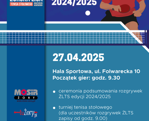 na plakacie informacje o wydarzeniu na niebieskim tle, logo i ilustracja gracza z rakietą przed stołem do tenisa