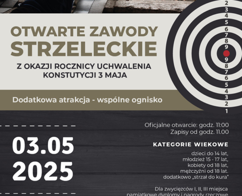 na plakacie widać osobę leżącą na strzelnicy z karabinem oraz dużą tarczę strzelecką