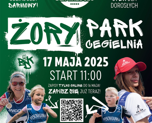 na zielonym plakacie informacje o biathlonie, logo i zjęcia zawodników w sportowych strojach