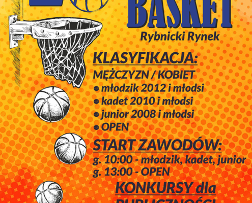 plakat zapowiada wydarzenie koszykarskie 1 maja 2025 roku na Rynku w Rybniku, z podziałem na kategorie wiekowe i konkursami dla publiczności