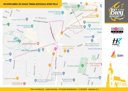 na grafikach w klimacie ogniowym logo wydarzenia, mapa przebiegu trasy i logo oraz ilustracja kościoła i biegaczy